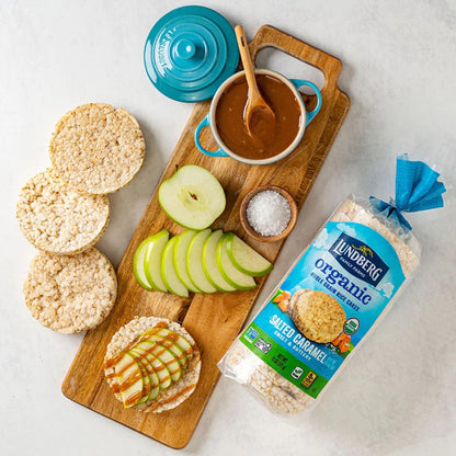 Le Creuset Cocotte Of Caramel Sauce With Fresh Green Apple Slices Sea Salt And Salted Caramel Puffed Brown Rice Cakes Lundberg Family Farms Sweet Rice Cake