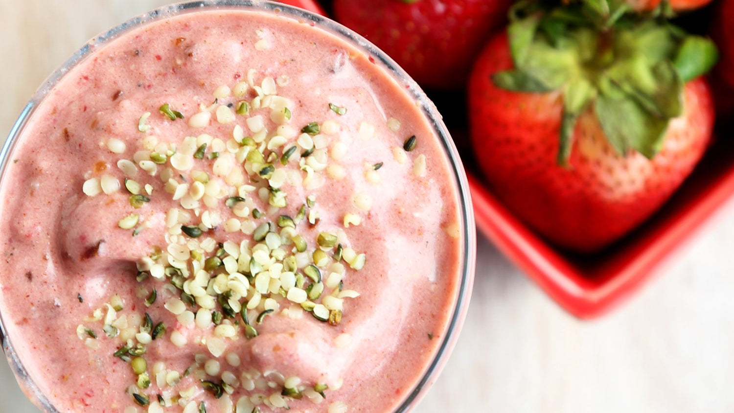 Pink Strawberry Shortcake Smoothie Recipe Topped With Manitoba Harvest Hemp Hearts