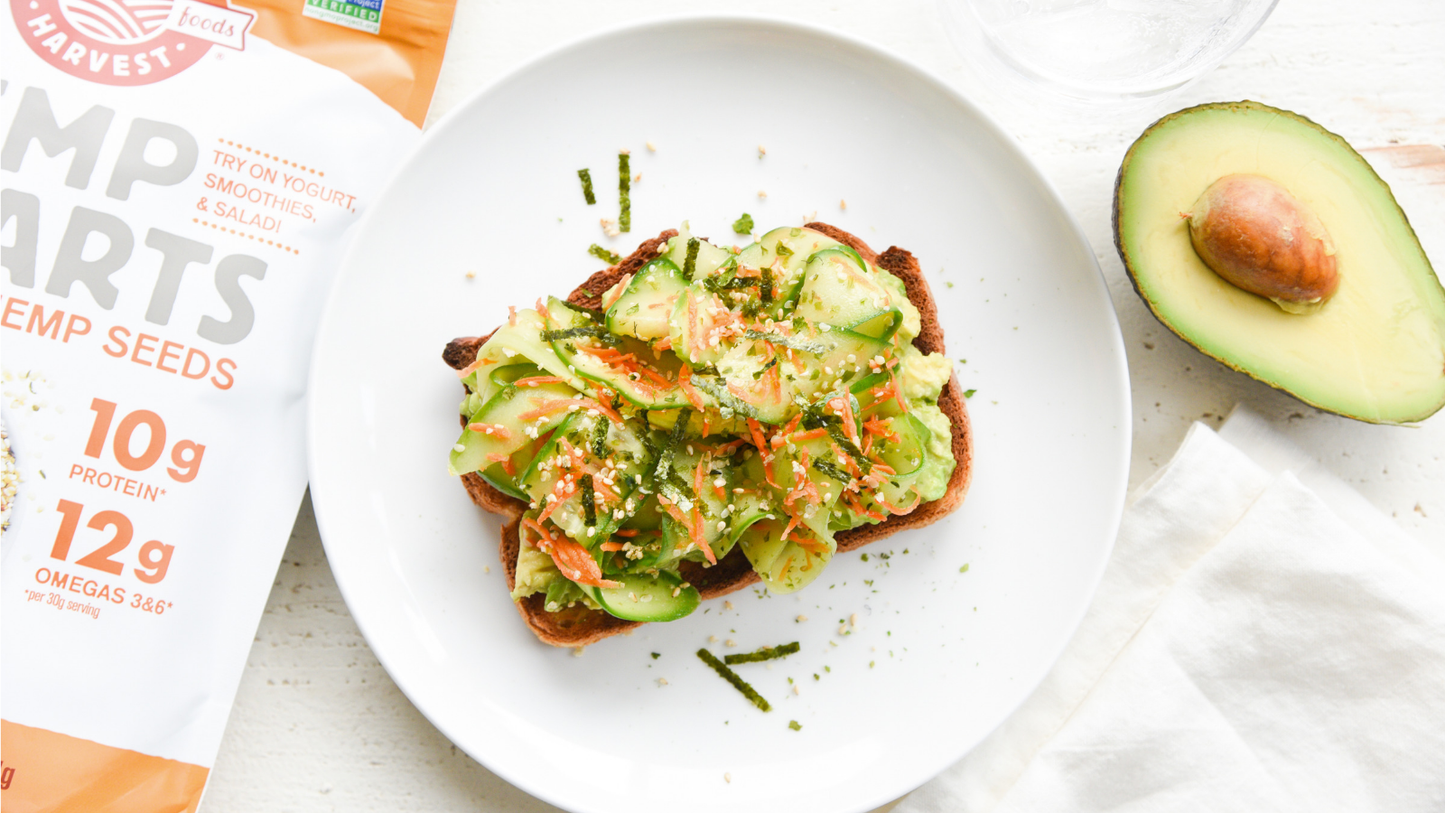 Vegan California Roll Avocado Toast Topped With Non-GMO Verified Hemp Hearts Manitoba Harvest Recipe