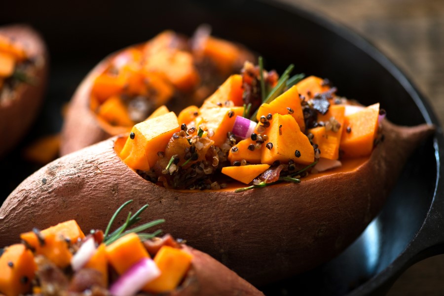 Quinoa And Bacon Stuffed Sweet Potatoes Lundberg Tri Color Blend Quinoa Recipe