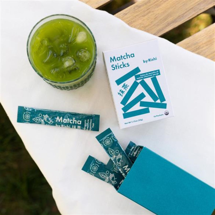 Refreshing cold iced matcha made from Rishi Teas on the go Matcha Sticks