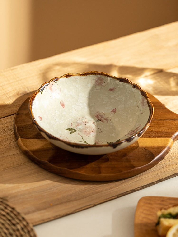 Farmhouse Style Floral Ceramic Bowl Cherry Blossoms Dishware