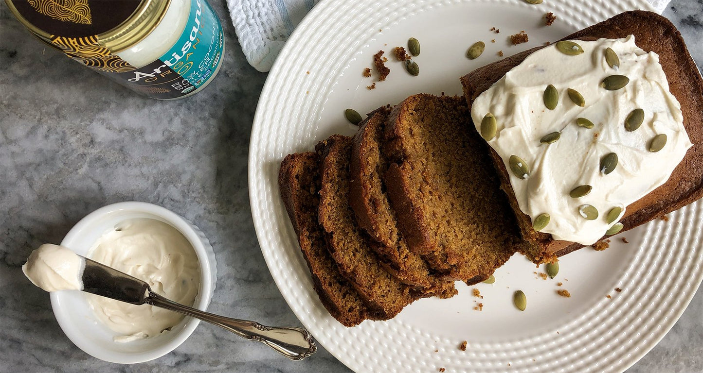 Vegan Pumpkin Bread With Coconut Frosting Recipe Made Using Artisana Organics Coconut Butter