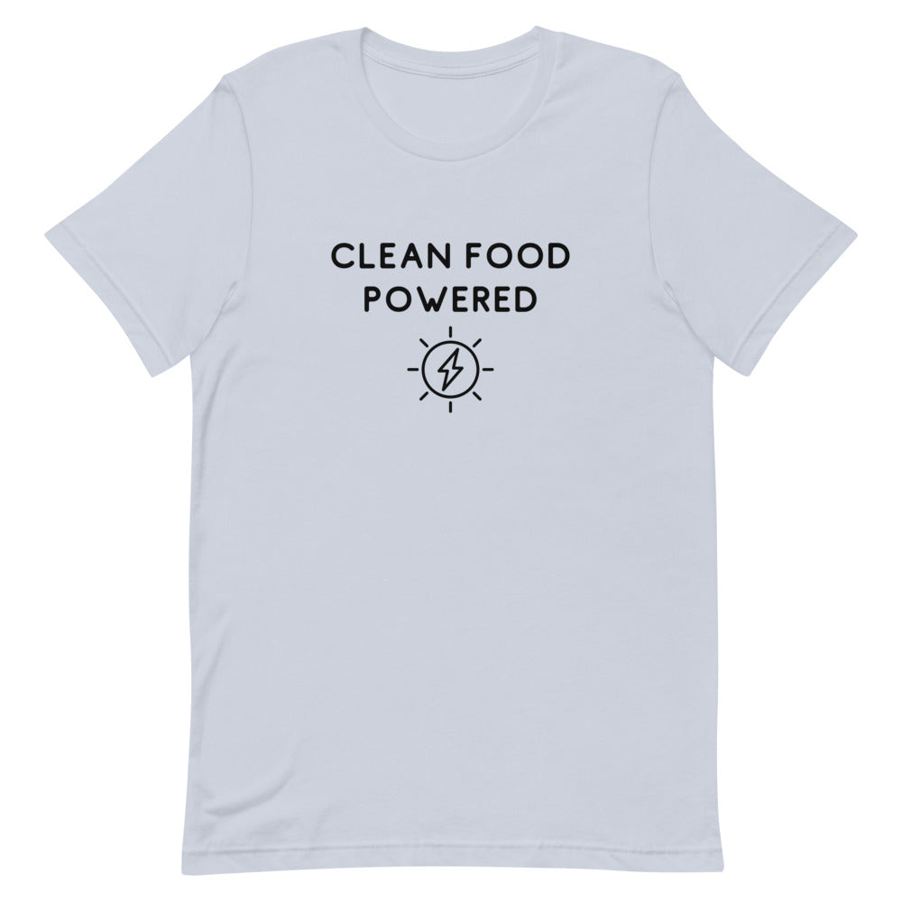 Front Of Clean Food Powered Short Sleeve T-Shirt From Terra Powders In Light Blue Color